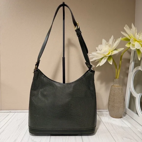 Vintage Dooney & Bourke Cabrio Green/Yellow Perforated Leather Large Hobo Bag - Picture 3 of 16